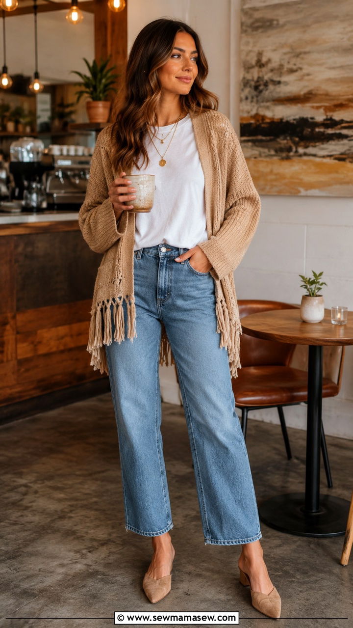 Fringe Cardigan with White Tee and Straight Leg Jeans - 30 Boho capsule wardrobe
