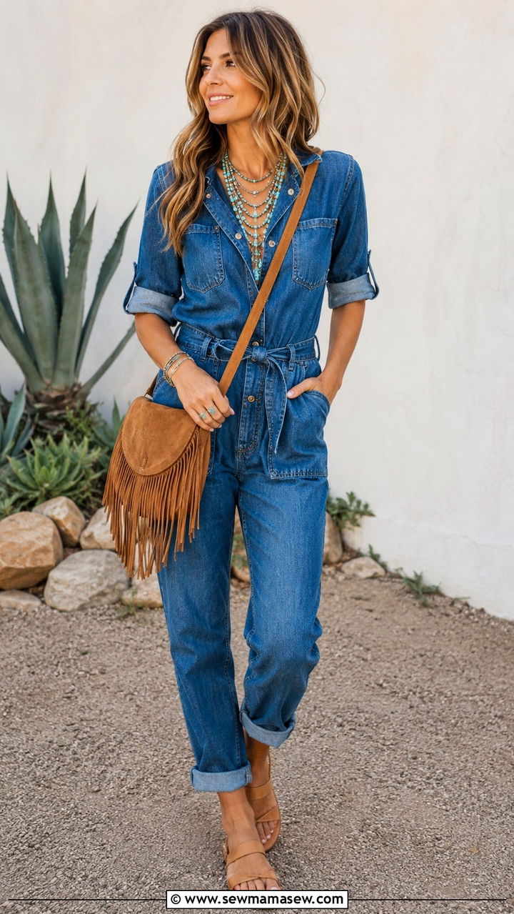 Fringe Crossbody Bag With Denim Jumpsuit - 25 Western outfit ideas with fringe