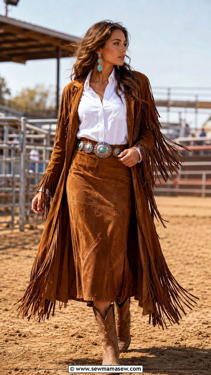 Fringe Duster Coat with Western Skirt and Concho Belt - 30 Duster coat outfit ideas