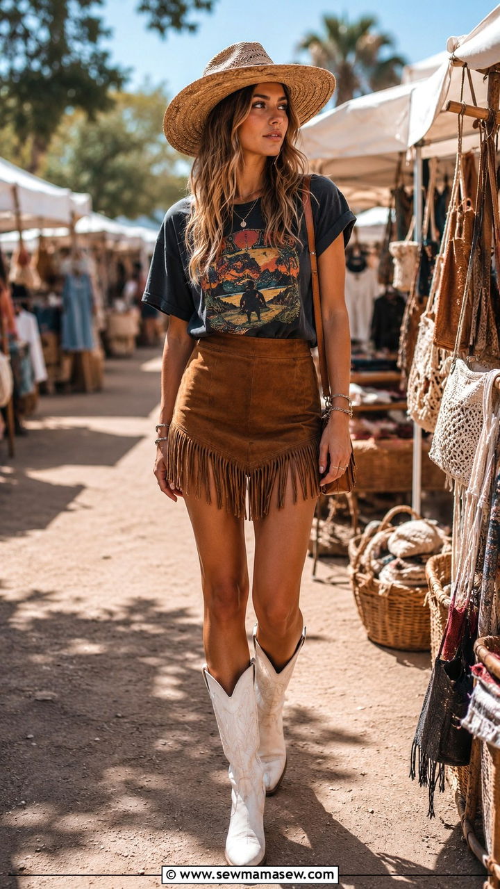 Fringe Hem Skirt With Graphic Tee - 25 Western outfit ideas with fringe