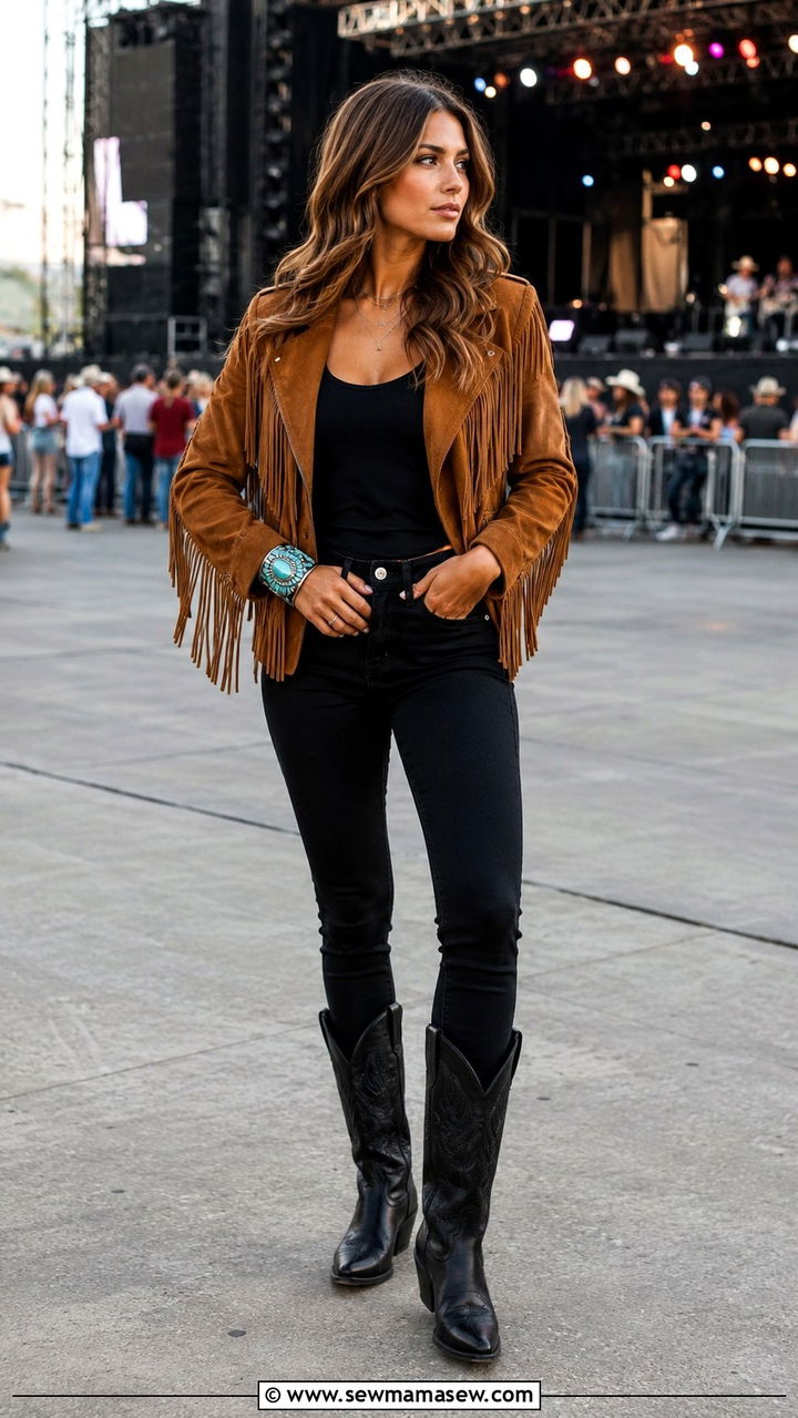 Fringe Jacket Outfit With Turquoise Cuff Bracelet - 20 Western outfit ideas with turquoise jewelry