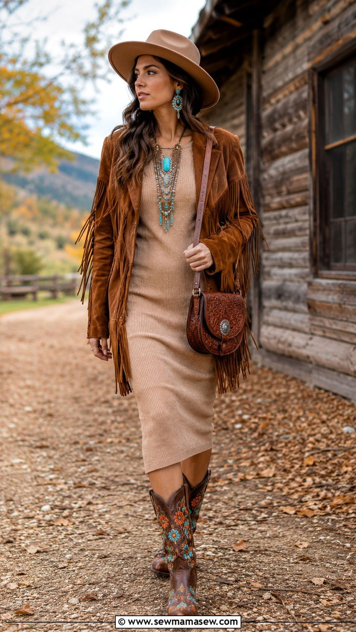 Fringe Jacket Over A Knit Dress With Western Boots - 30 casual maximalist outfits
