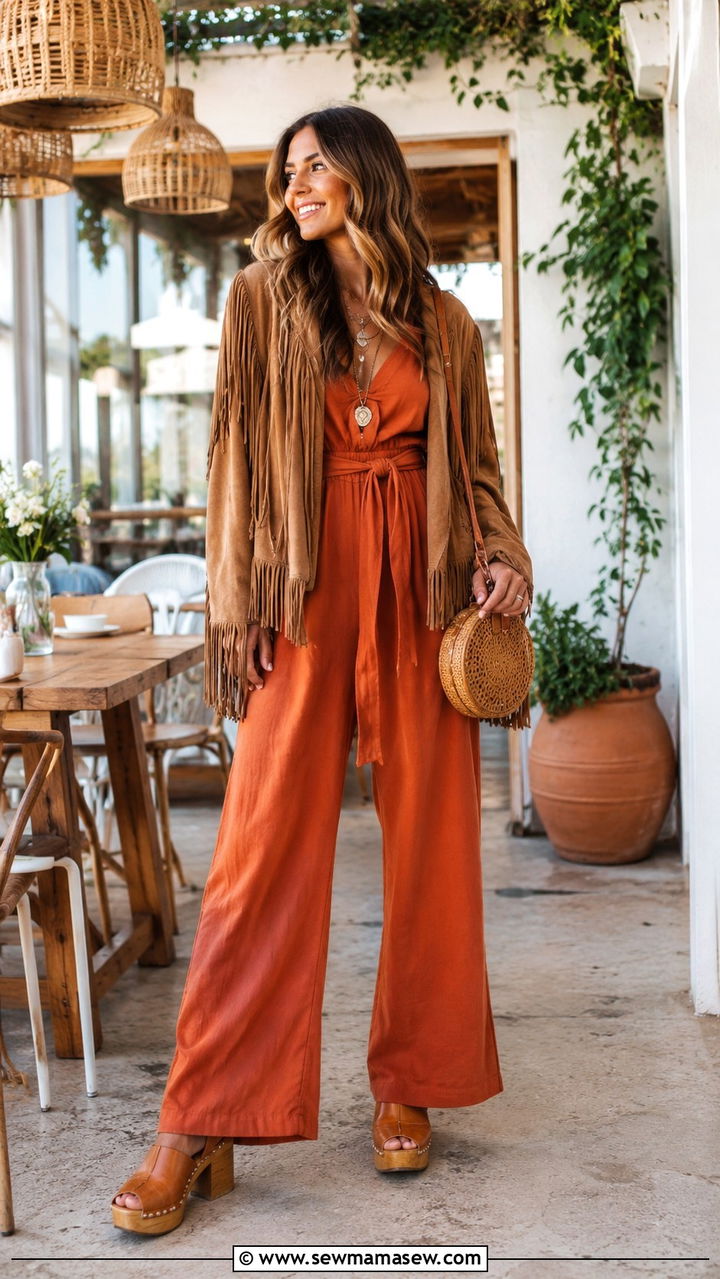 Fringe Jacket Over A Wide Leg Jumpsuit - 25 Boho outfit ideas with fringe jacket