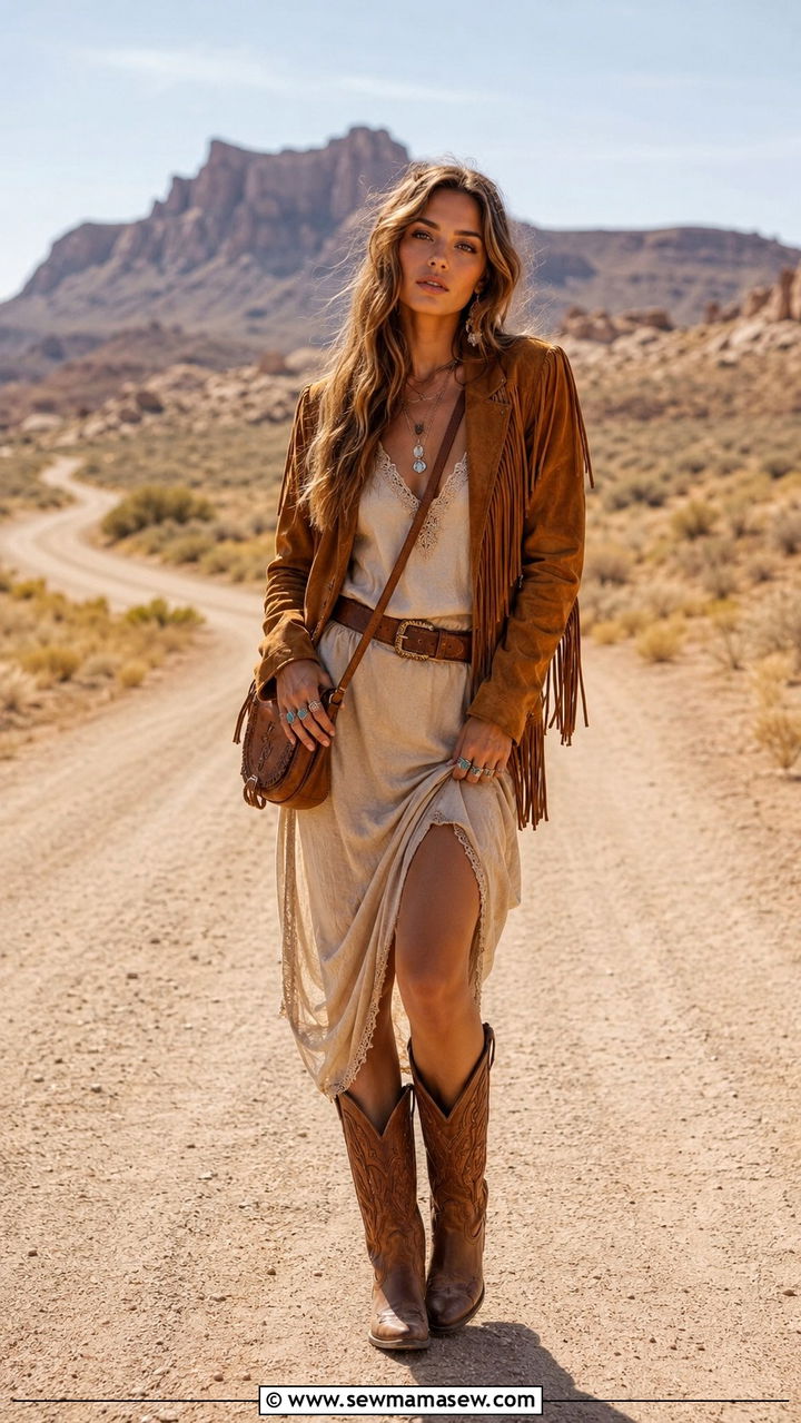 Fringe Jacket Over Slip Dress With Cowboy Boots - 30 Boho outfit ideas for vacation