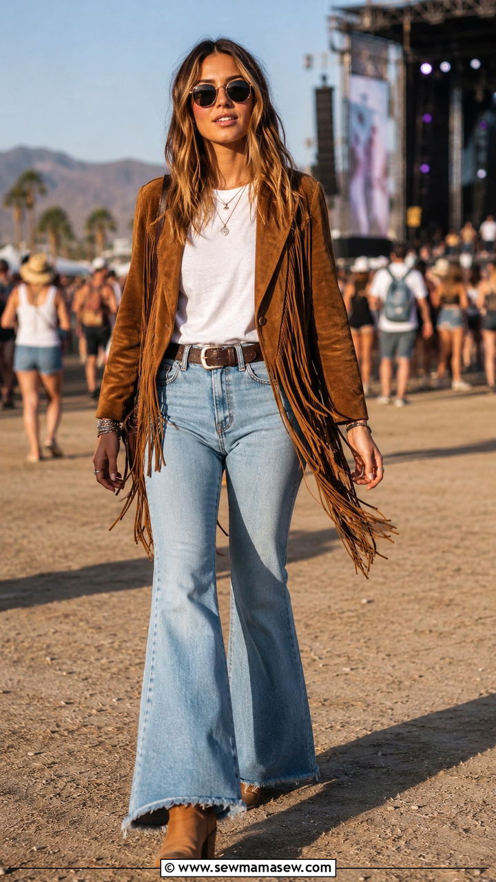 Fringe Jacket With Flare Jeans - 30 Pop concert outfit ideas