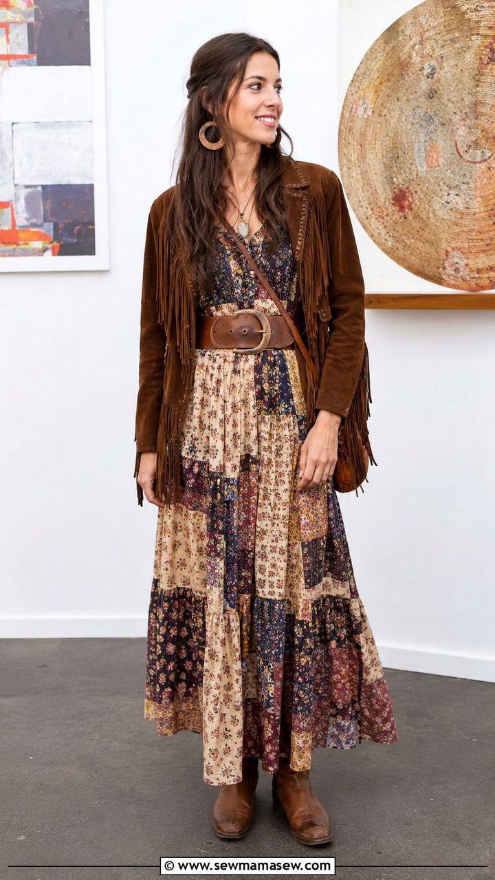 Fringe Jacket With Patchwork Maxi Dress - 25 Boho outfit ideas with fringe jacket