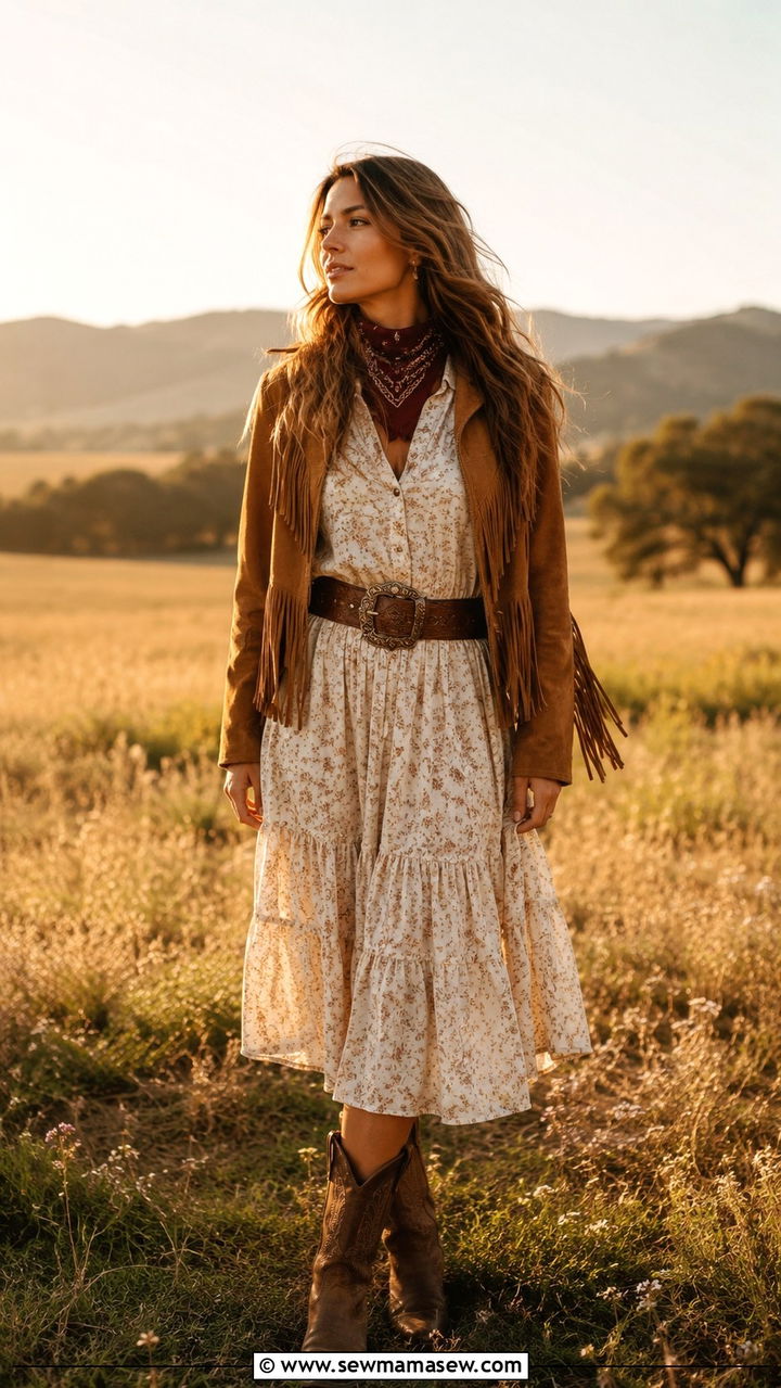 Fringe Jacket With Prairie Dress And Cowboy Boots - 25 Boho outfit ideas with fringe jacket