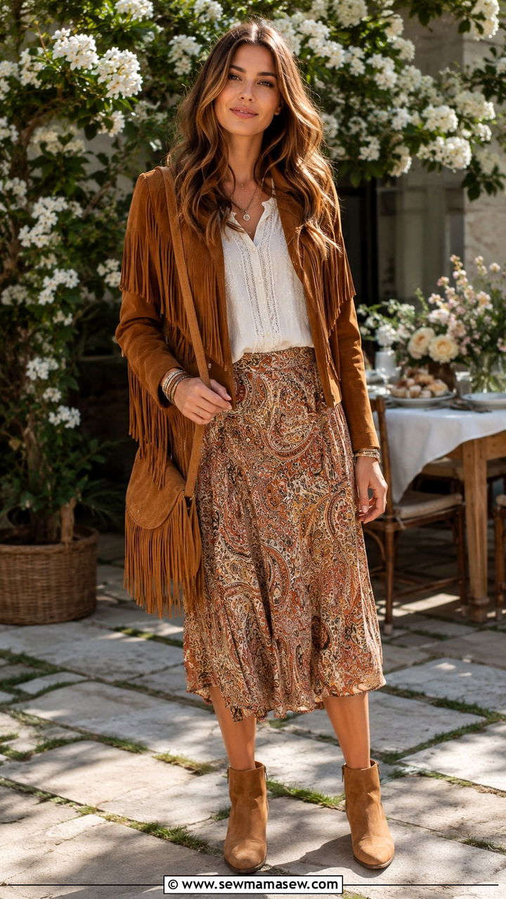 Fringe Jacket With Printed Midi Skirt And Peasant Blouse - 25 Boho outfit ideas with fringe jacket