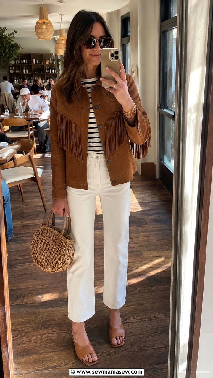 Fringe Jacket With Straight Leg White Jeans - 25 Boho outfit ideas with fringe jacket