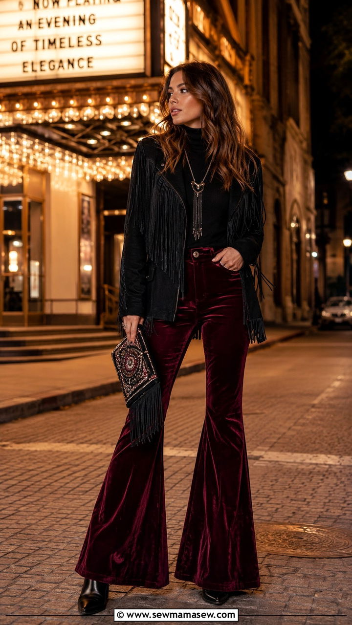 Fringe Jacket With Velvet Flared Pants - 25 Boho outfit ideas with fringe jacket