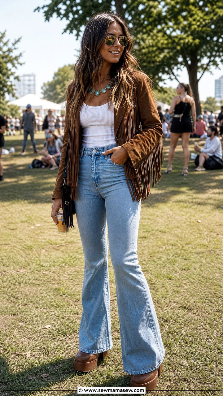 Fringe Jacket and Flared Jeans Outfit - 25 Governor's Ball outfit ideas