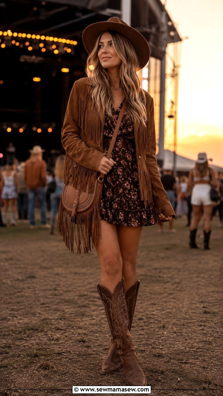 Fringe Jacket and Floral Mini Dress - 25 seasonal country concert outfit ideas