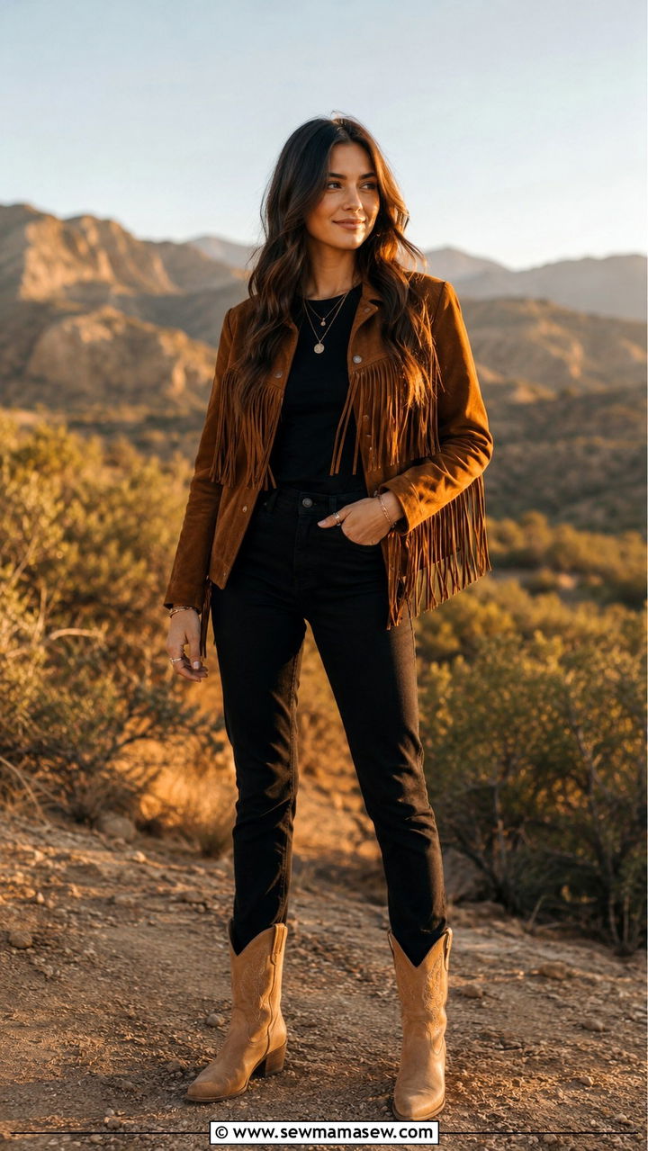 Fringe Jacket with Black Jeans and Western Boots - 30 casual western outfits