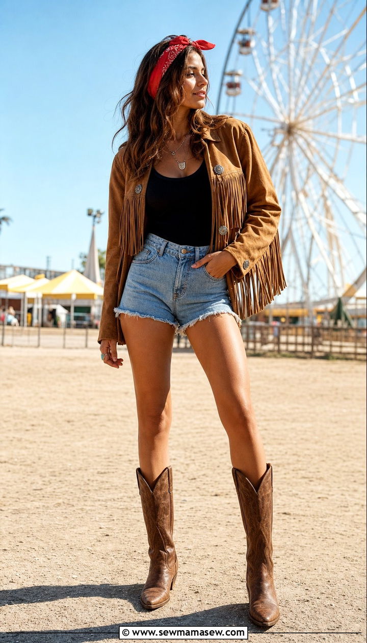 Fringe Jacket with Denim Shorts - 25 Cowgirl aesthetic outfit ideas