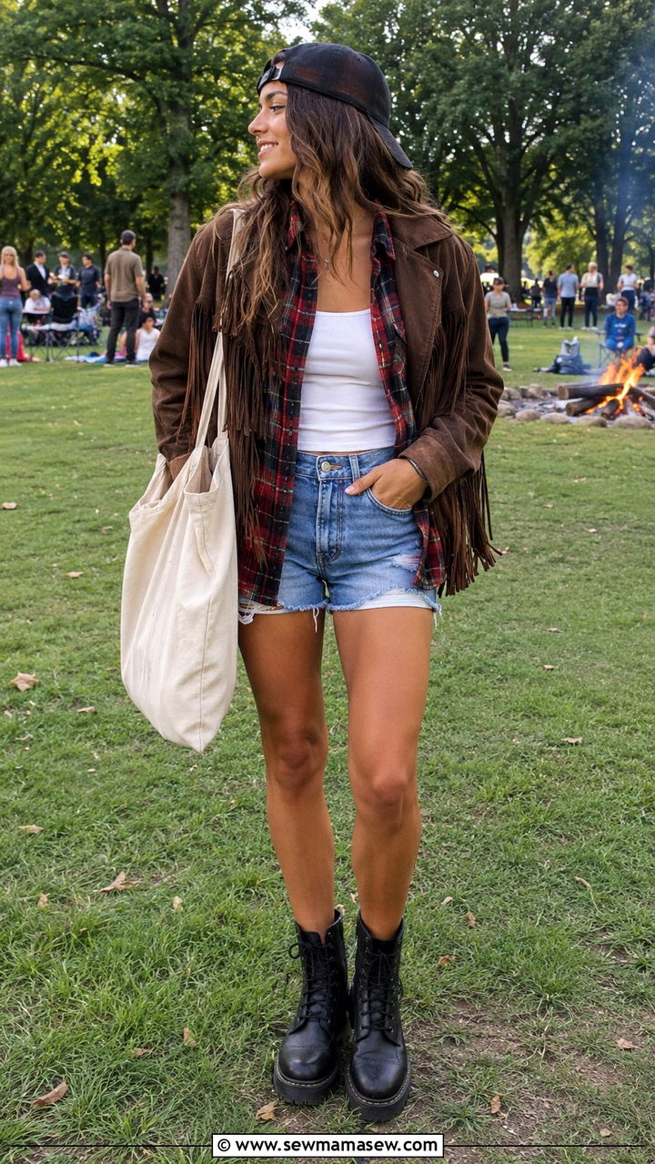 Fringe Jacket with Distressed Denim Cutoffs and Plaid Shirt - 20 Western outfit ideas with fringe leather jacket