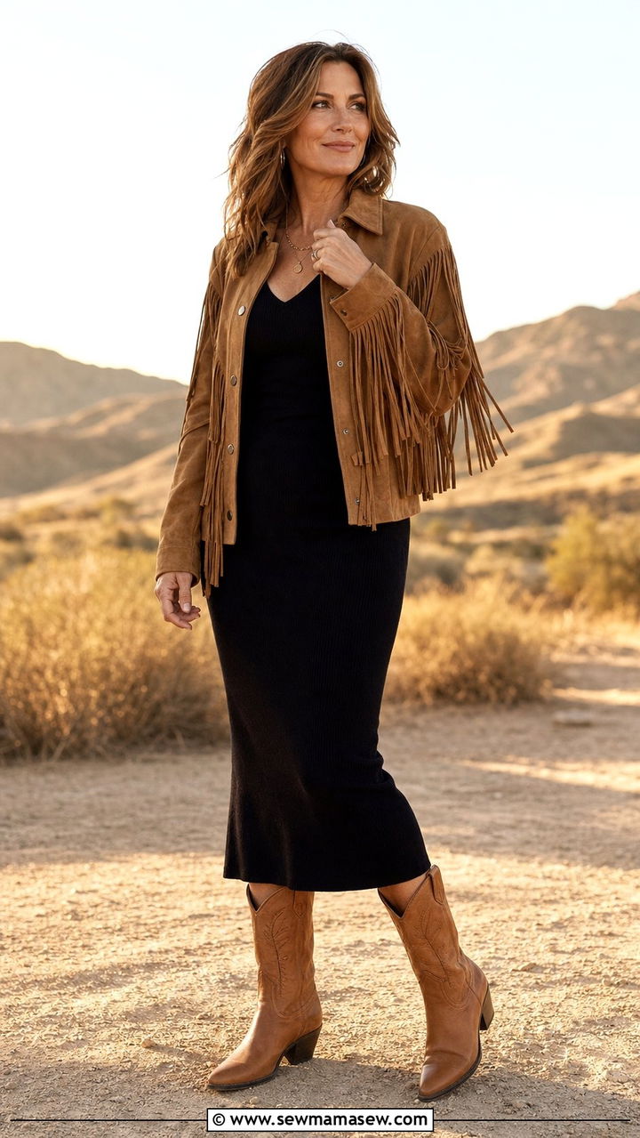 Fringe Jacket with Dress and Cowboy Boots - 25 edgy outfit ideas for women over 40