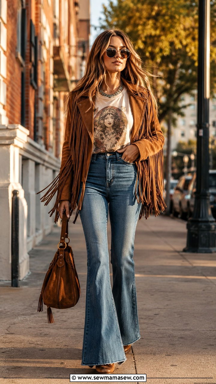 Fringe Jacket with Flared Jeans and Graphic Tee - 20 Western outfit ideas with fringe leather jacket