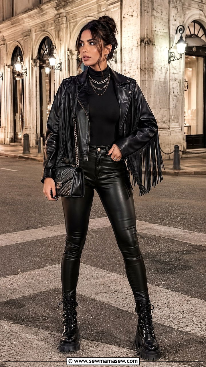 Fringe Jacket with Leather Pants and a Bodysuit - 20 Western outfit ideas with fringe leather jacket