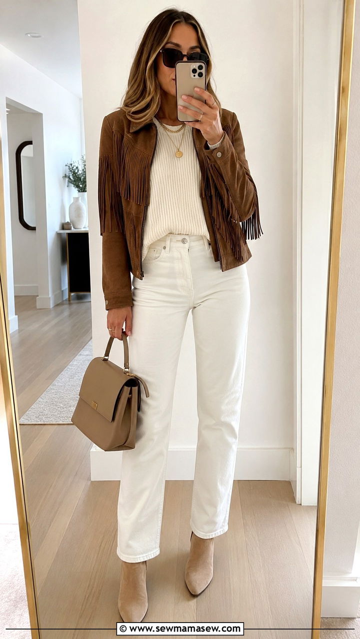 Fringe Jacket with White Jeans and Neutral Knit - 20 Western outfit ideas with fringe leather jacket