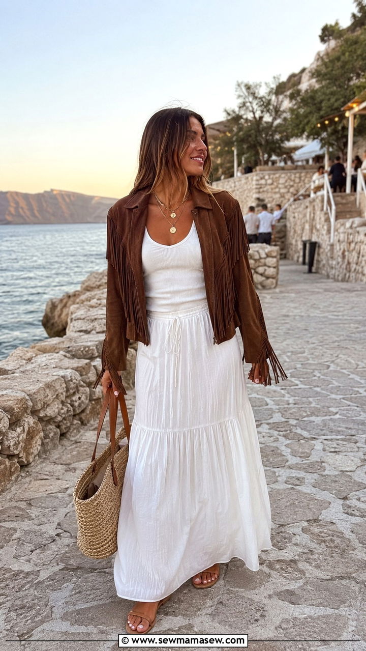 Fringe Jacket with White Maxi Skirt and Tank Top - 20 Western outfit ideas with fringe leather jacket