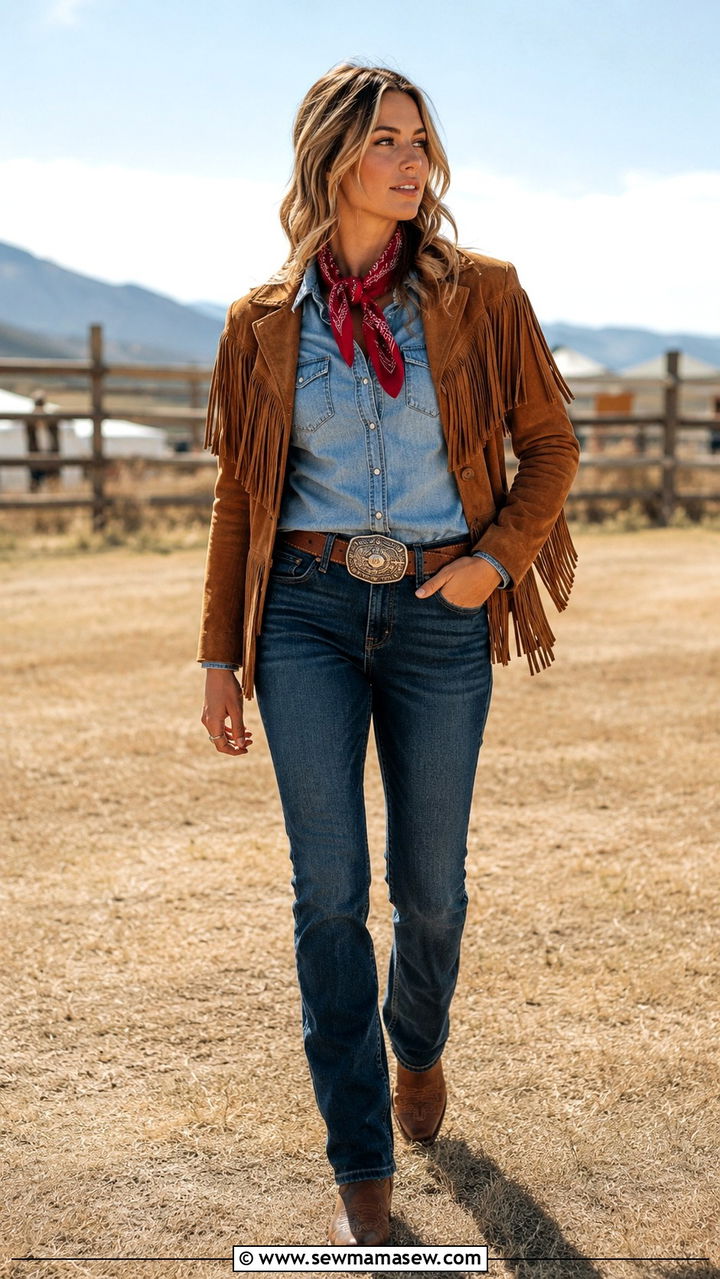 Fringe Jacket with a Denim On Denim Look - 20 Western outfit ideas with fringe leather jacket