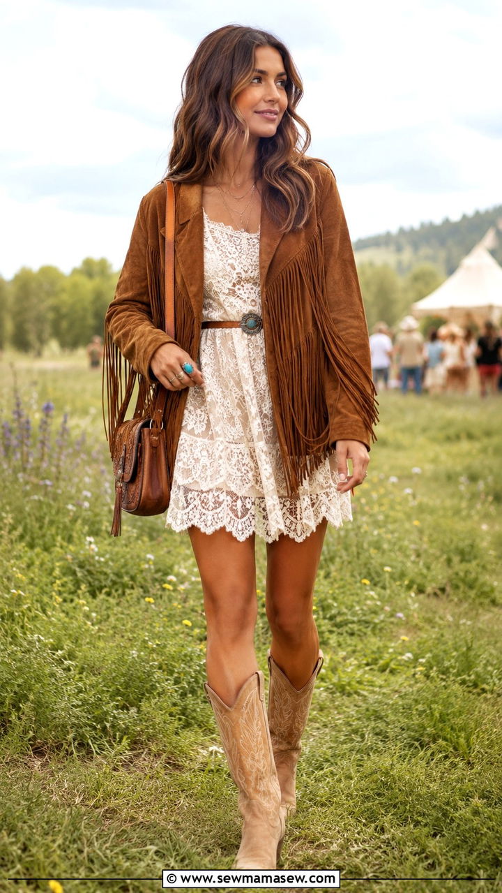 Fringe Jacket with a Lace Dress and Western Boots - 20 Western outfit ideas with fringe leather jacket