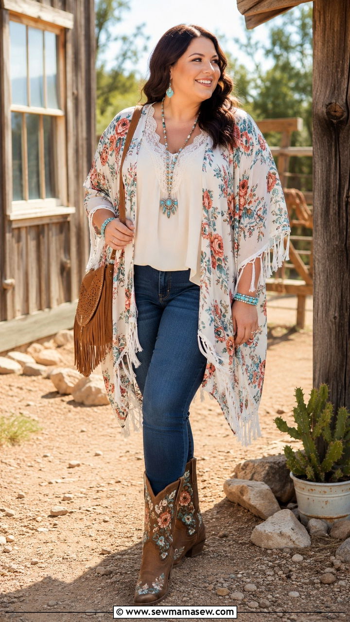 Fringe Kimono And Denim With Cowboy Boots - 30 Boho outfits for curvy women