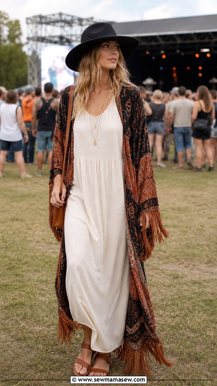 Fringe Kimono With Maxi Dress Boho Chic Outfit - 40 boho chic outfit ideas