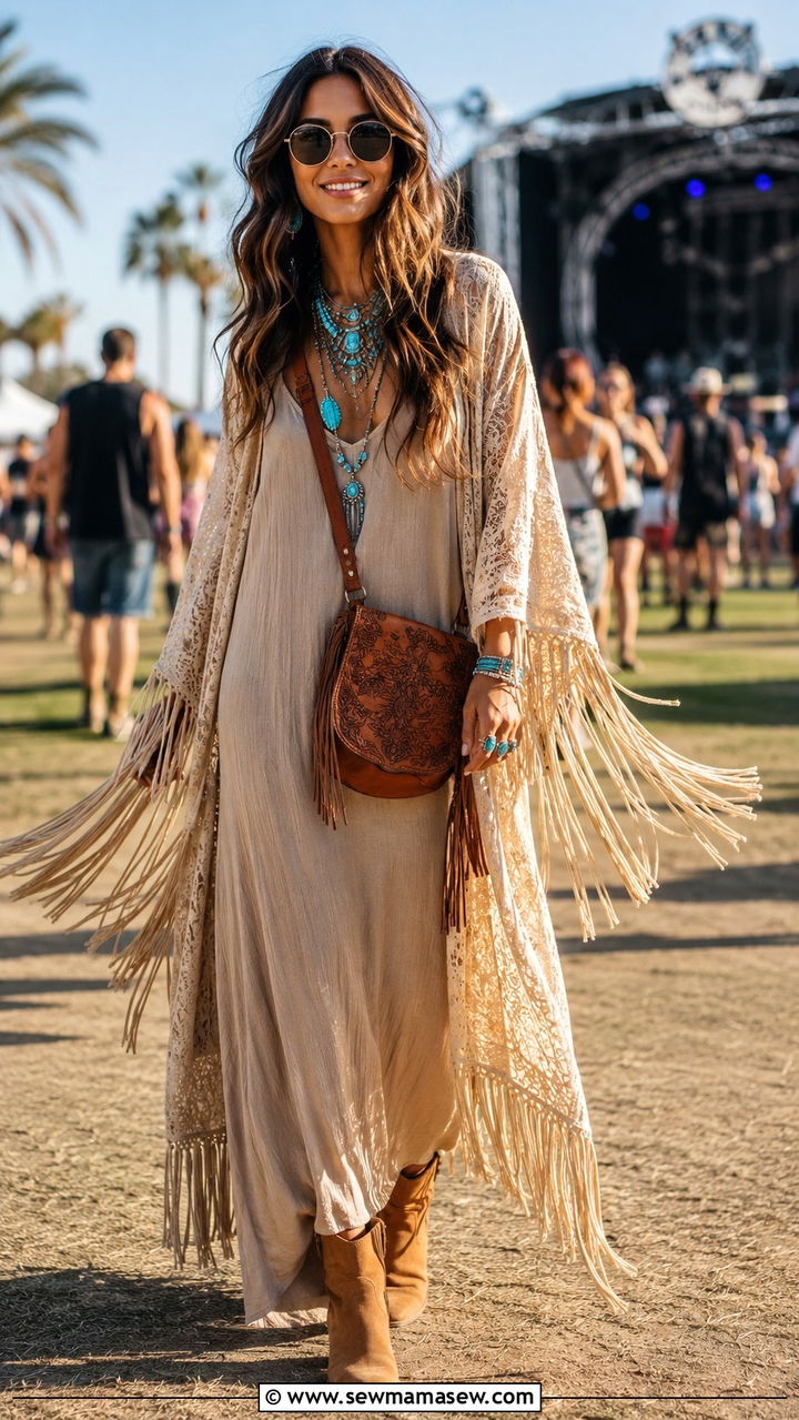 Fringe Kimono With Maxi Dress - 30 Maxi dress with a kimono outfit ideas