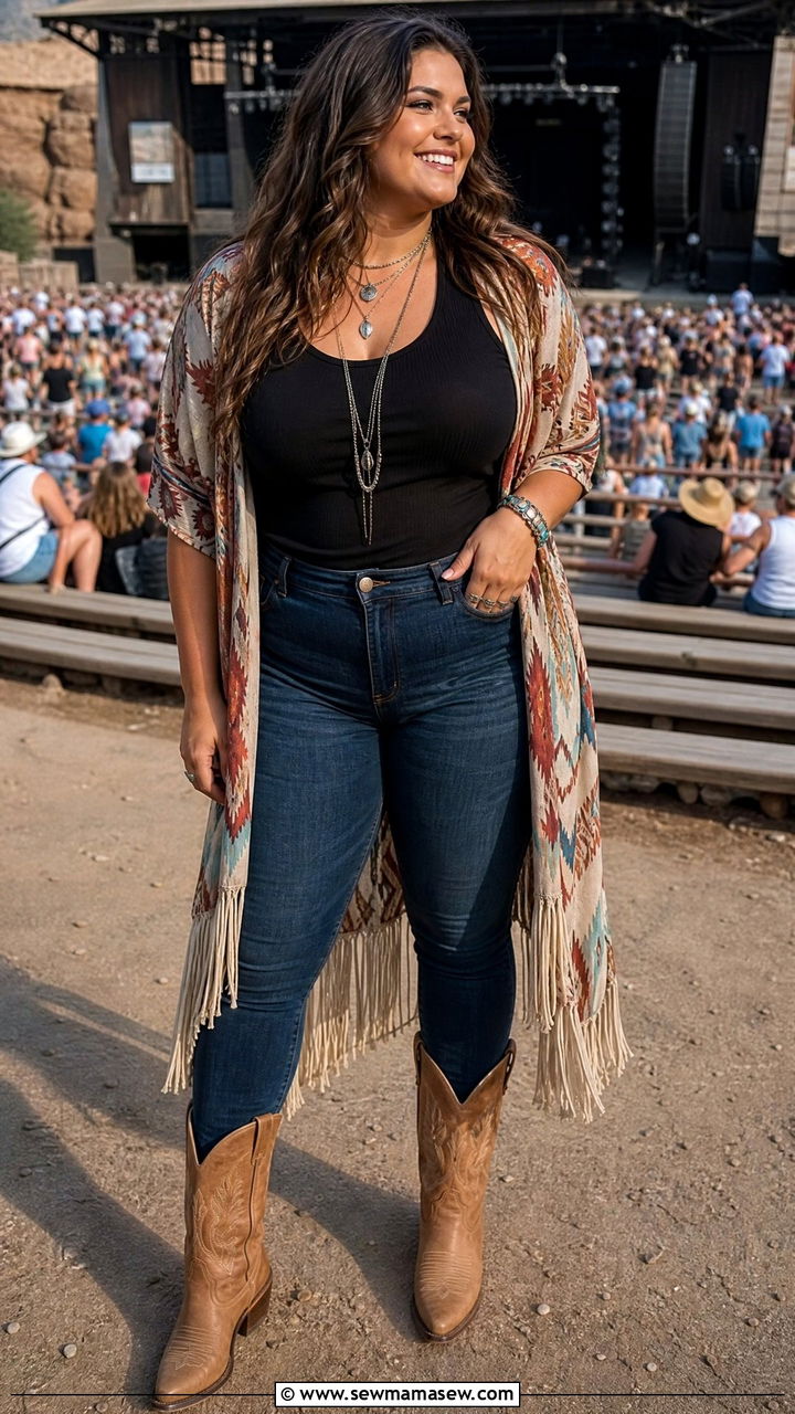 Fringe Kimono with Tank Top and Jeans - 30 Country concert outfit ideas plus size