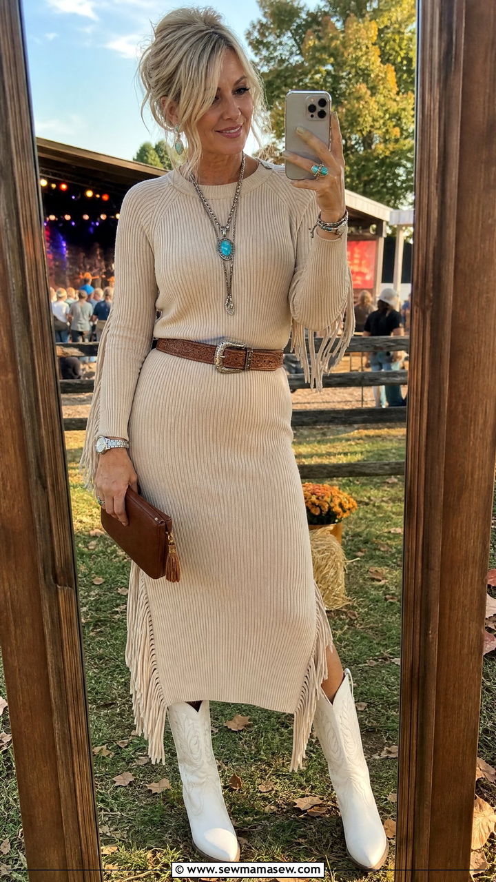 Fringe Knit Dress With Cowboy Boots Concert Outfit - 30 Concert outfits for women over 40