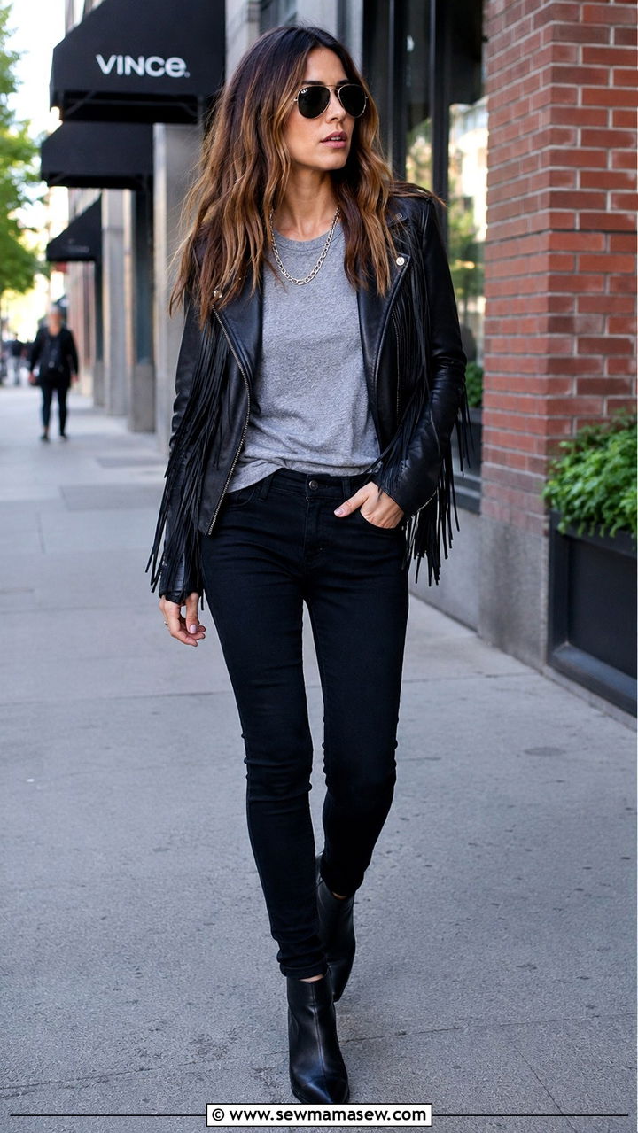 Fringe Leather Jacket With Black Jeans - 25 Western outfit ideas with fringe