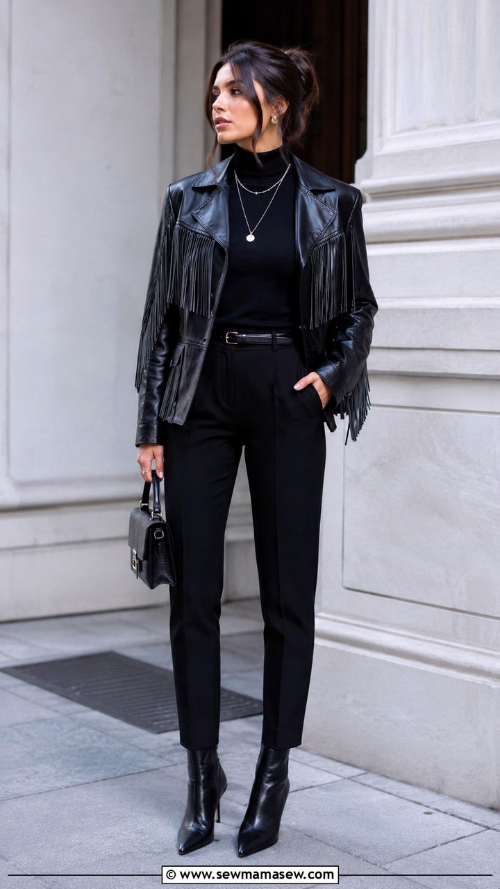 Fringe Leather Jacket with an All Black Monochrome Look - 20 Western outfit ideas with fringe leather jacket
