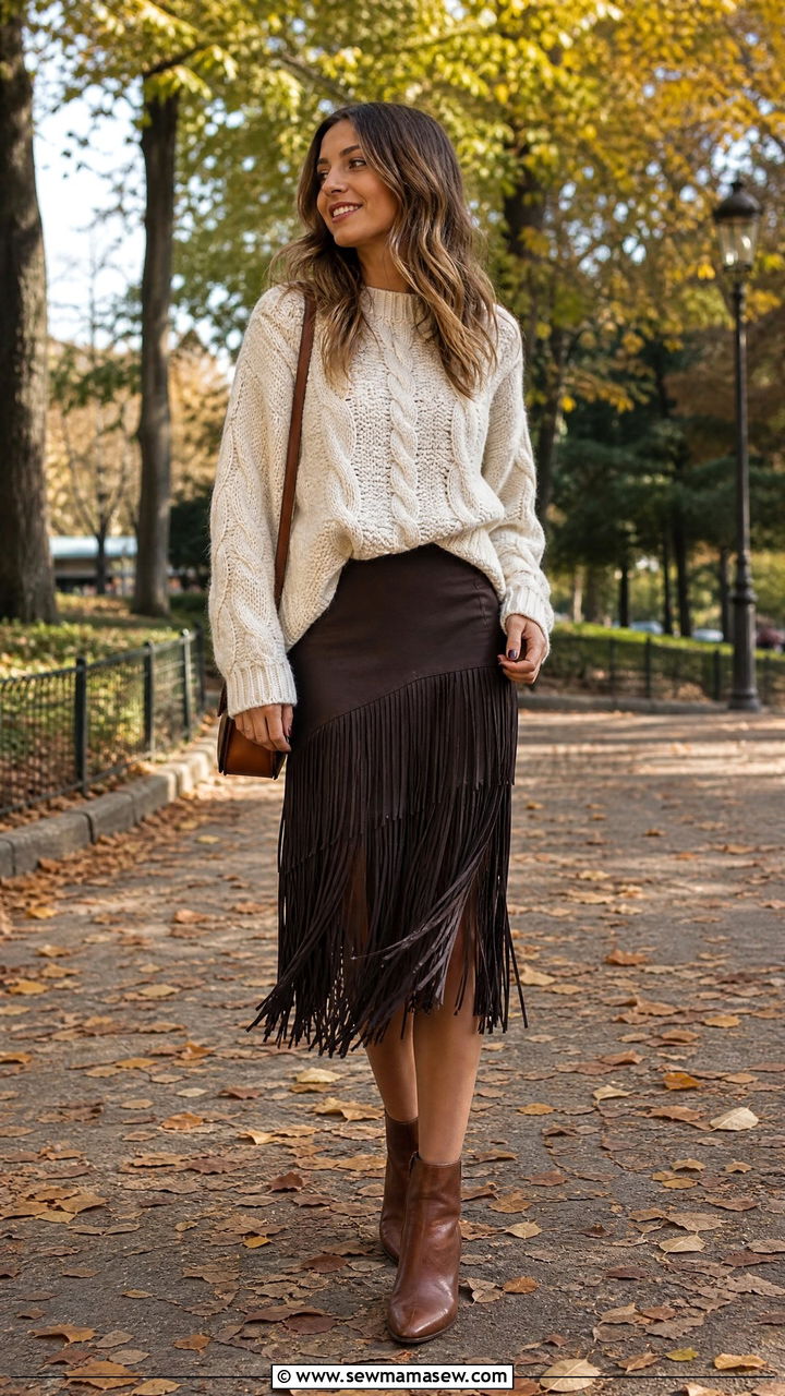 Fringe Midi Skirt With Chunky Knit Sweater and Ankle Boots - 30 fringe skirt outfit ideas
