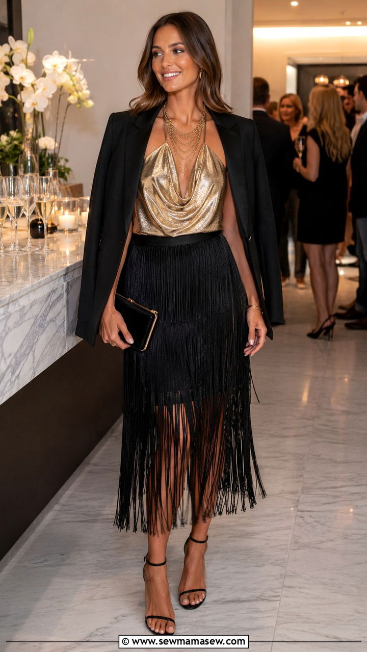 Fringe Midi Skirt and Metallic Gold Halter Top Outfit - 30 maximalist outfits 2026