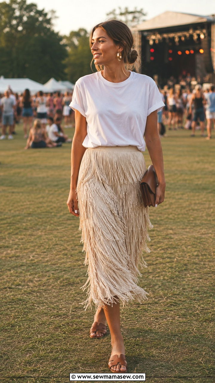 Fringe Midi Skirt with White Tee - 30 spring to summer outfits 2026