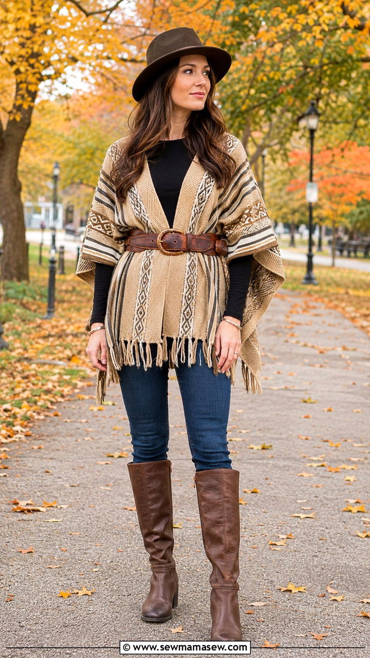 Fringe Poncho With Skinny Jeans And Knee High Boots - 25 Western outfit ideas with fringe