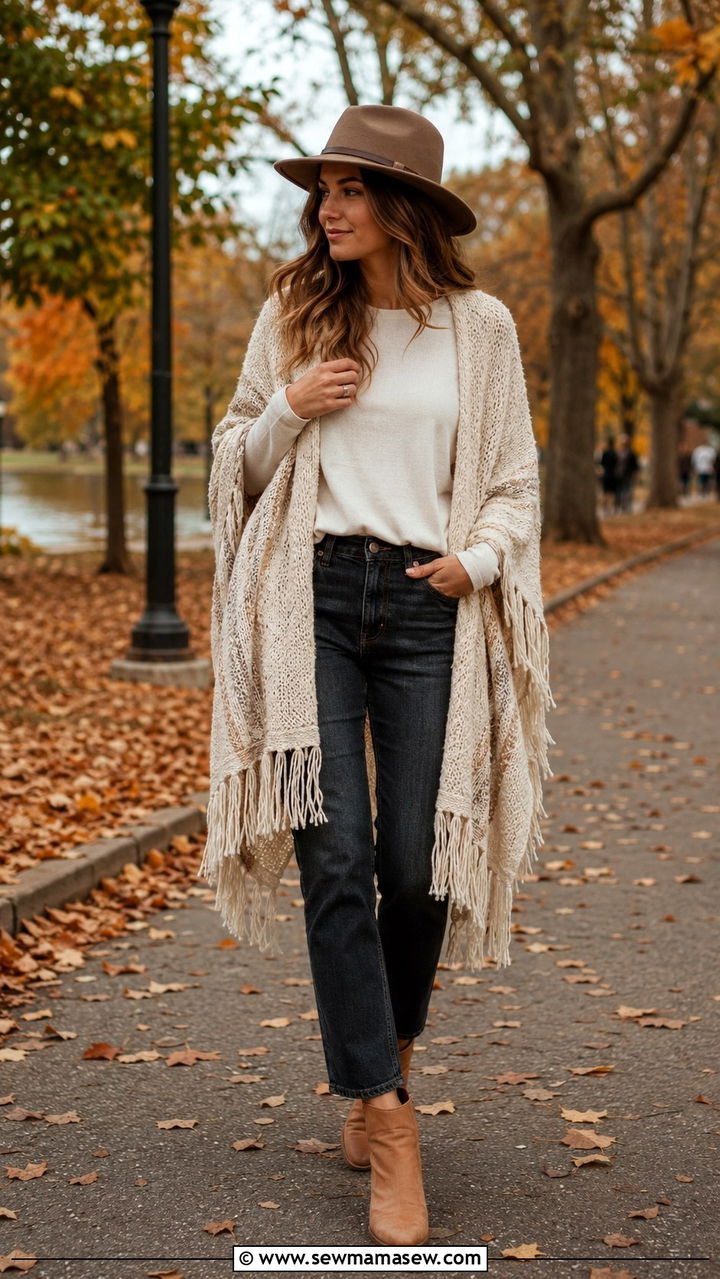 Fringe Poncho with Straight Leg Jeans - 30 classy boho chic outfit ideas