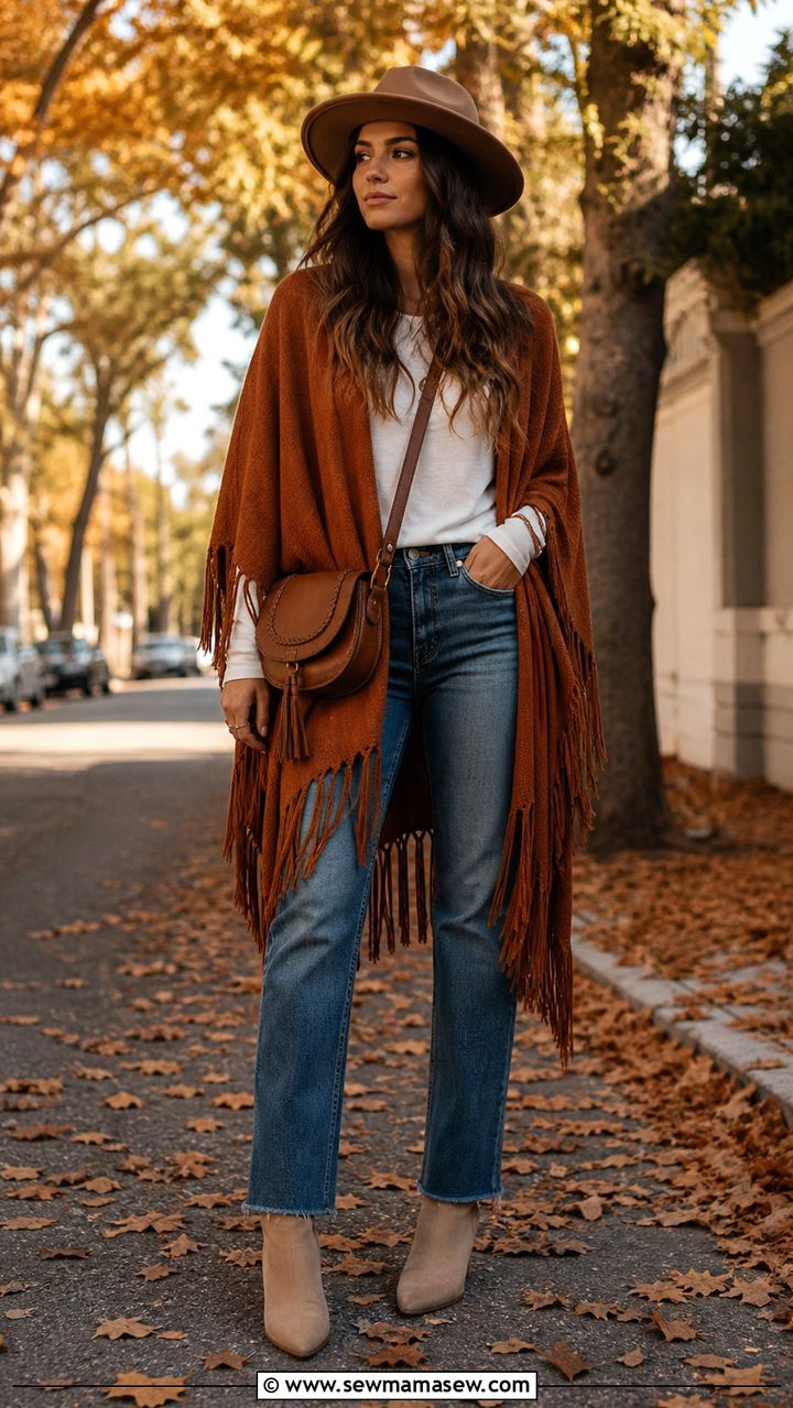 Fringe Poncho with Straight Leg Jeans - 40 Boho outfit ideas