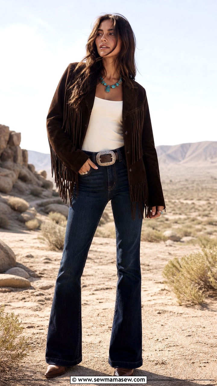 Fringe Suede Jacket And Flared Jeans Outfit - 25 boho chic capsule wardrobe outfits
