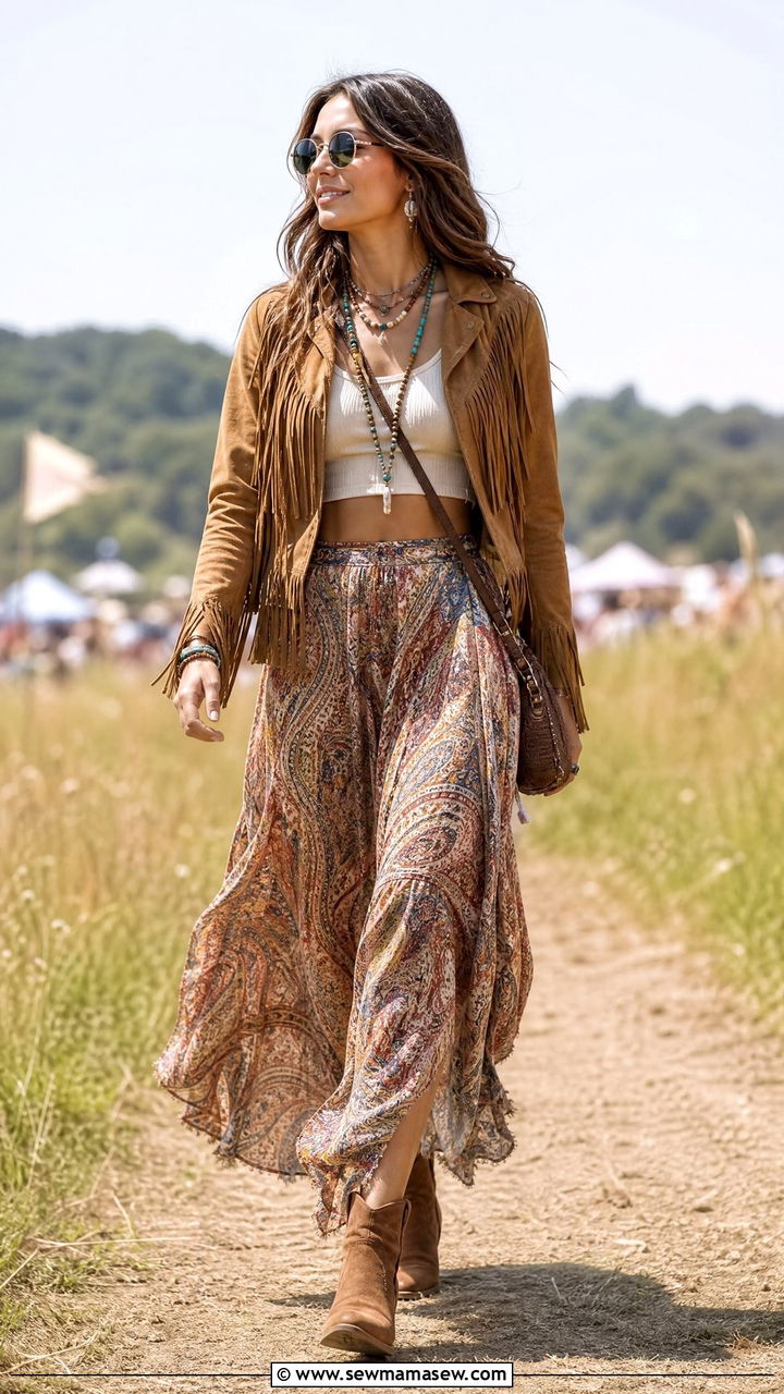 Fringe Suede Jacket And Flowy Maxi Skirt - 25 Indie girl outfit ideas 2026