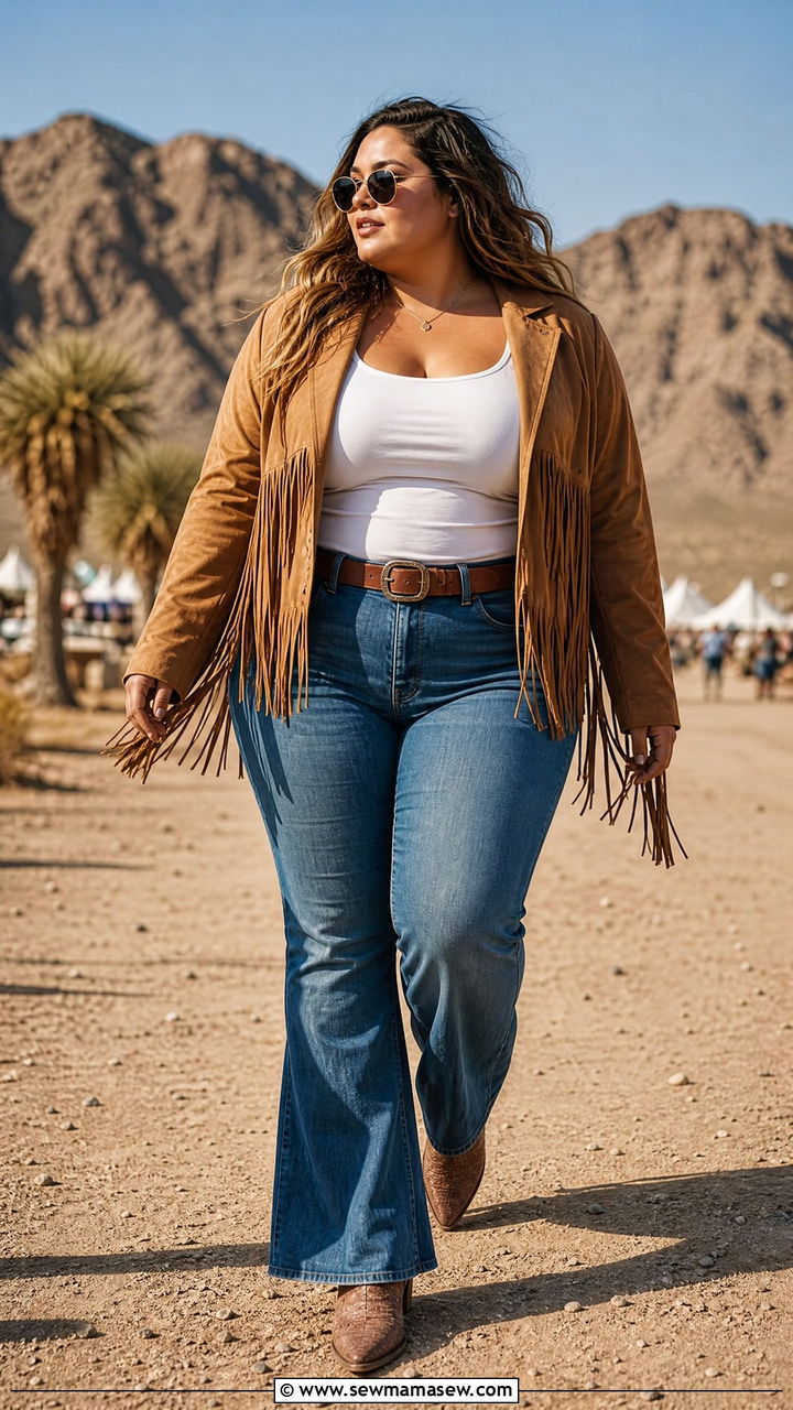 Fringe Suede Jacket With Bootcut Jeans And Cowboy Boots - 30 plus size music festival outfit ideas