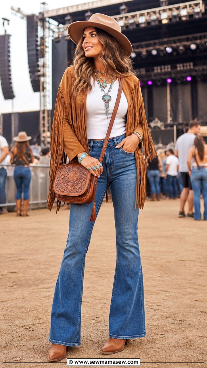 Fringe Suede Jacket With White Tee And Flared Jeans - 40 Boho spring outfits
