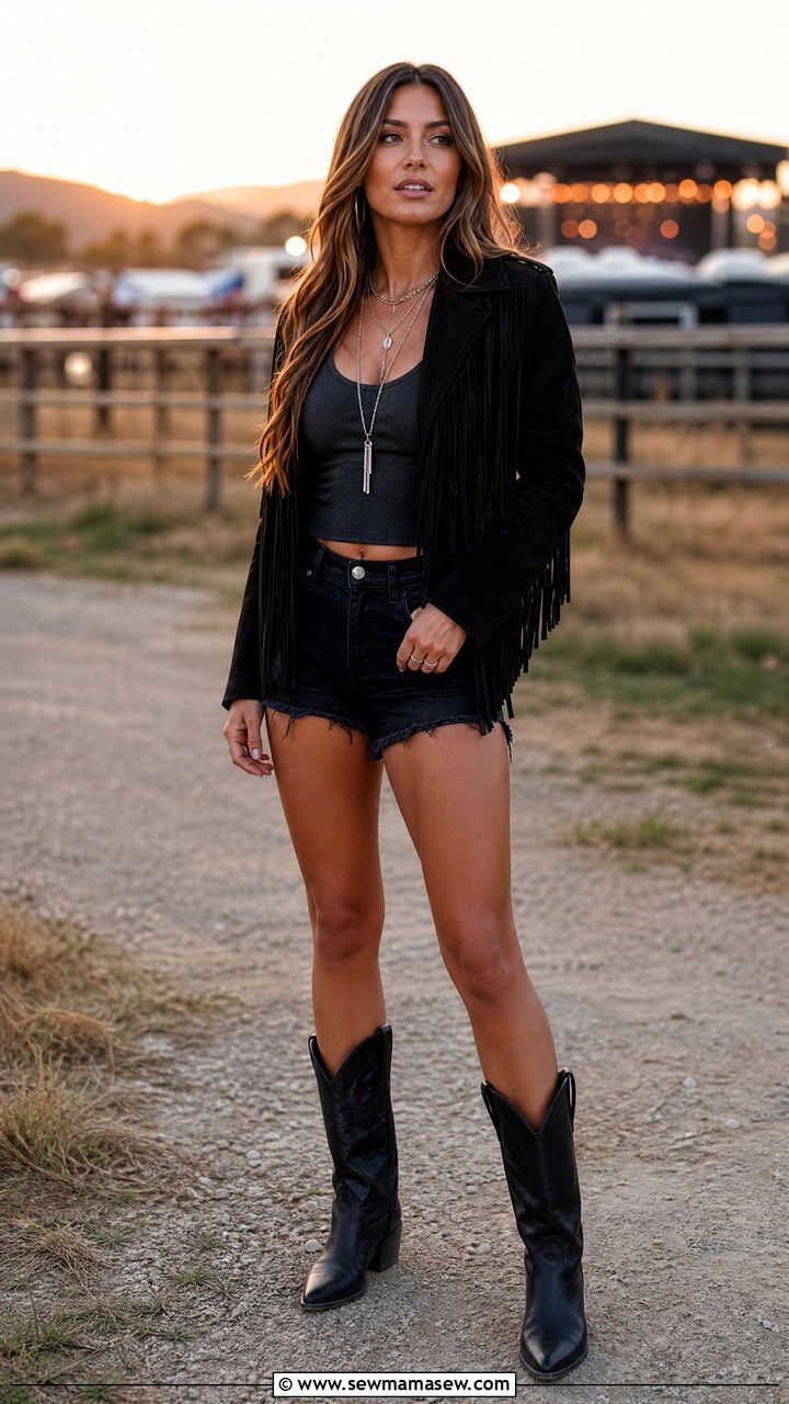 Fringe Suede Jacket and Black Denim Shorts - 30 cute country concert outfits