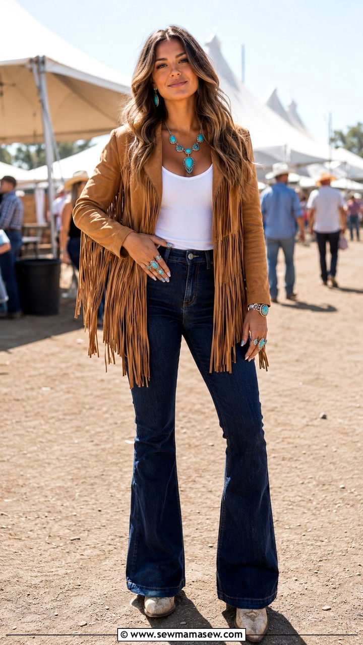 Fringe Suede Jacket and Flared Jeans With Cowboy Boots Outfit - 30 Horse girl outfit ideas