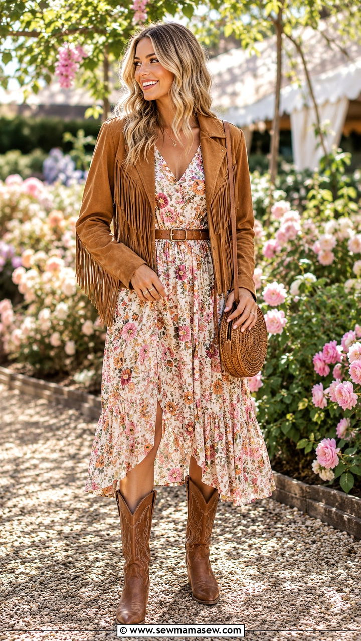 Fringe Suede Jacket with Floral Dress and Cowboy Boots - 20 Western outfit ideas with fringe leather jacket