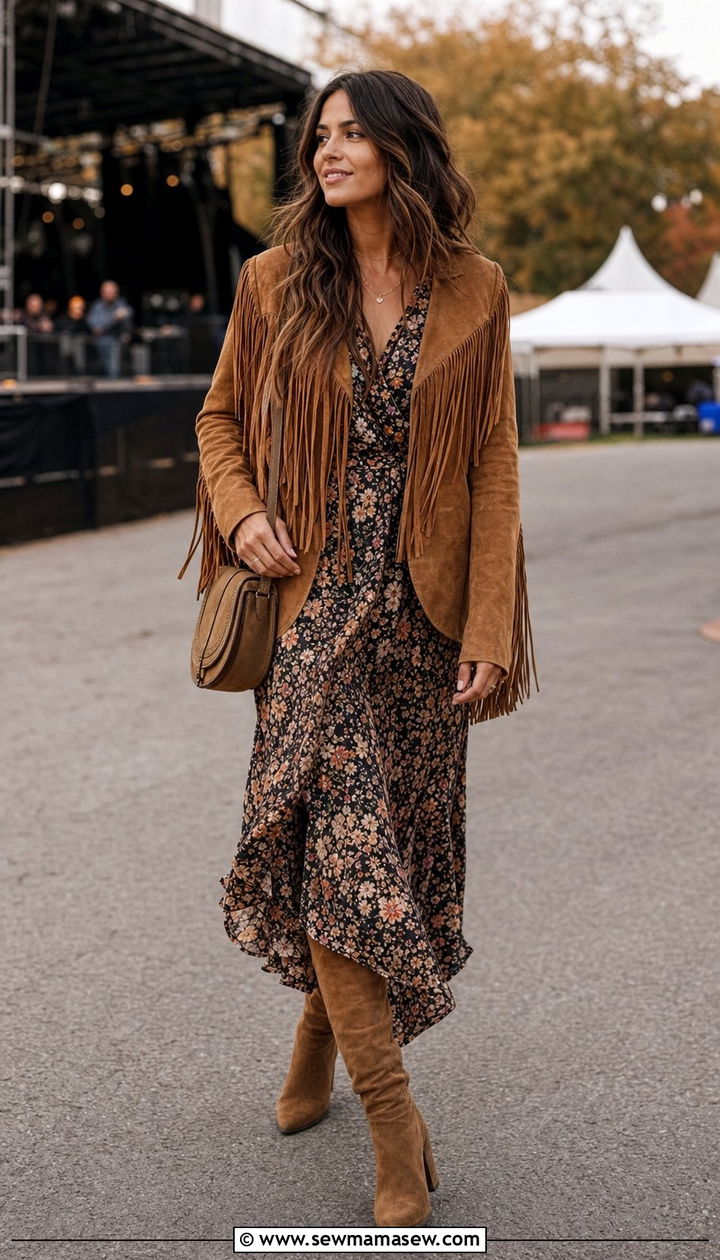 Fringe Suede Jacket with Floral Midi Dress - 35 boho outfits for women