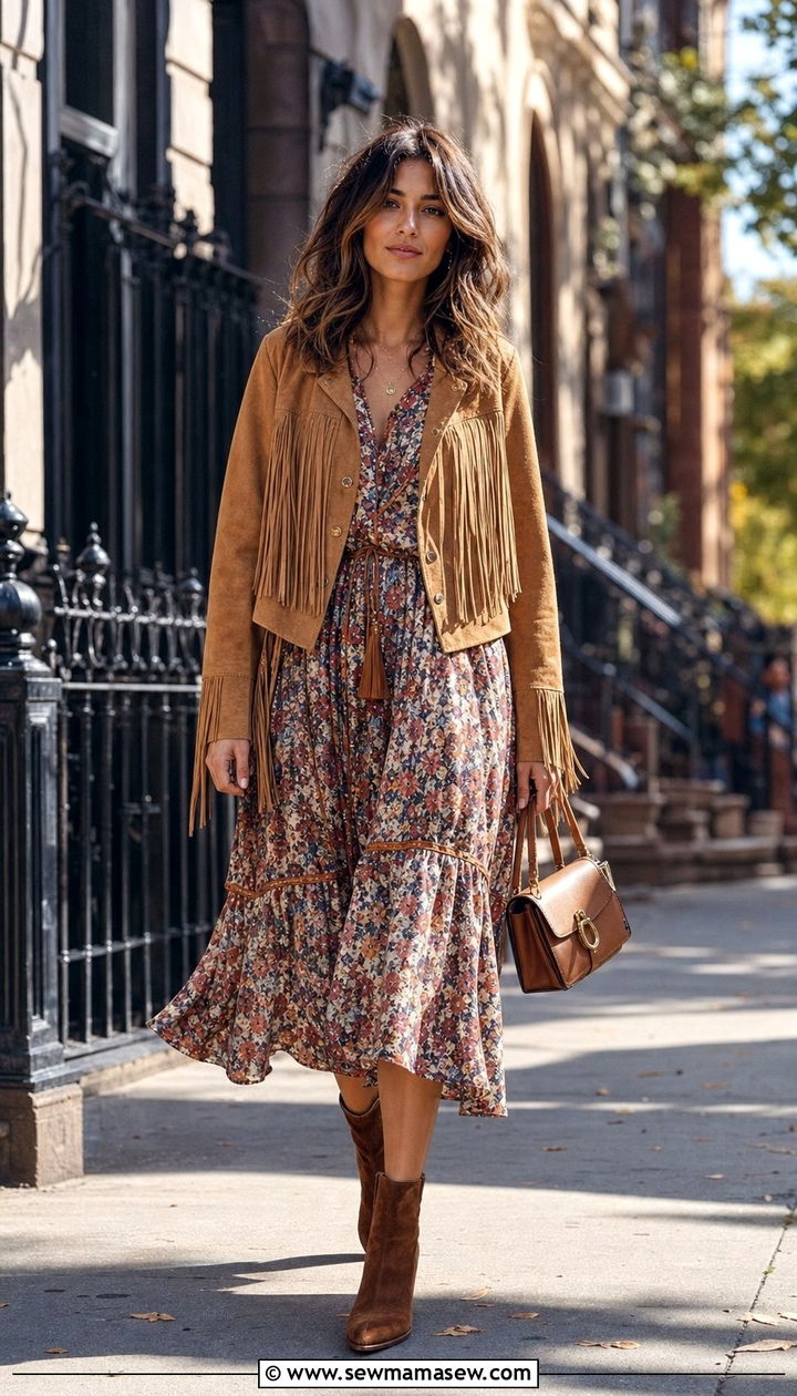 Fringe Suede Jacket with Floral Midi Dress - 25 cute boho chic outfits