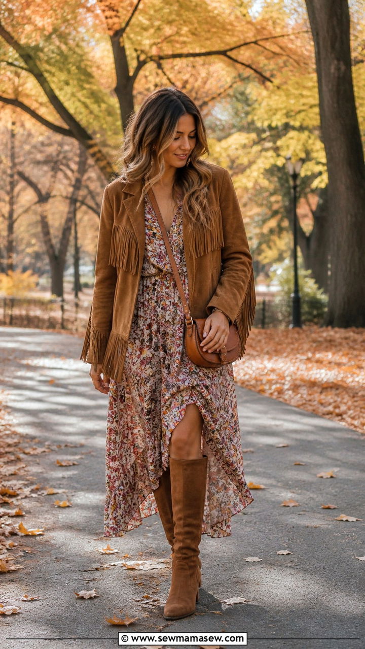 Fringe Suede Jacket with Floral Midi Dress - 40 Boho outfit ideas