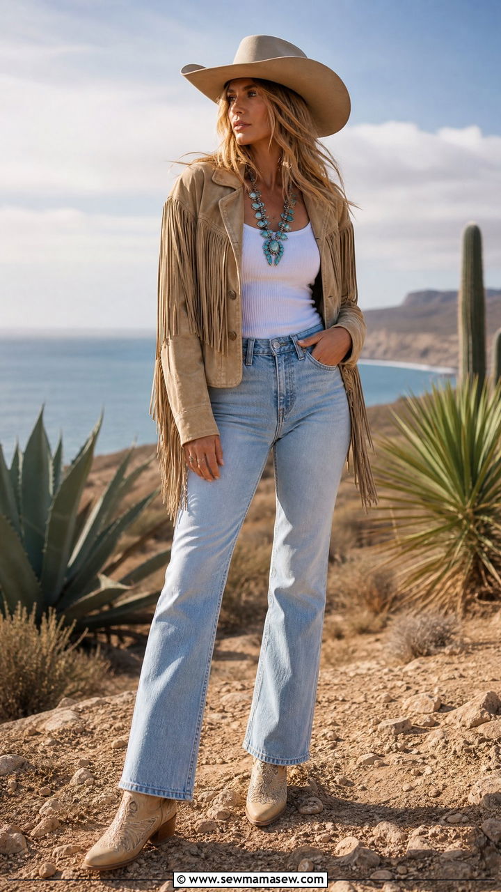 Fringe Suede Jacket with Light Wash Bootcut Jeans - 30 coastal cowgirl capsule wardrobe outfits